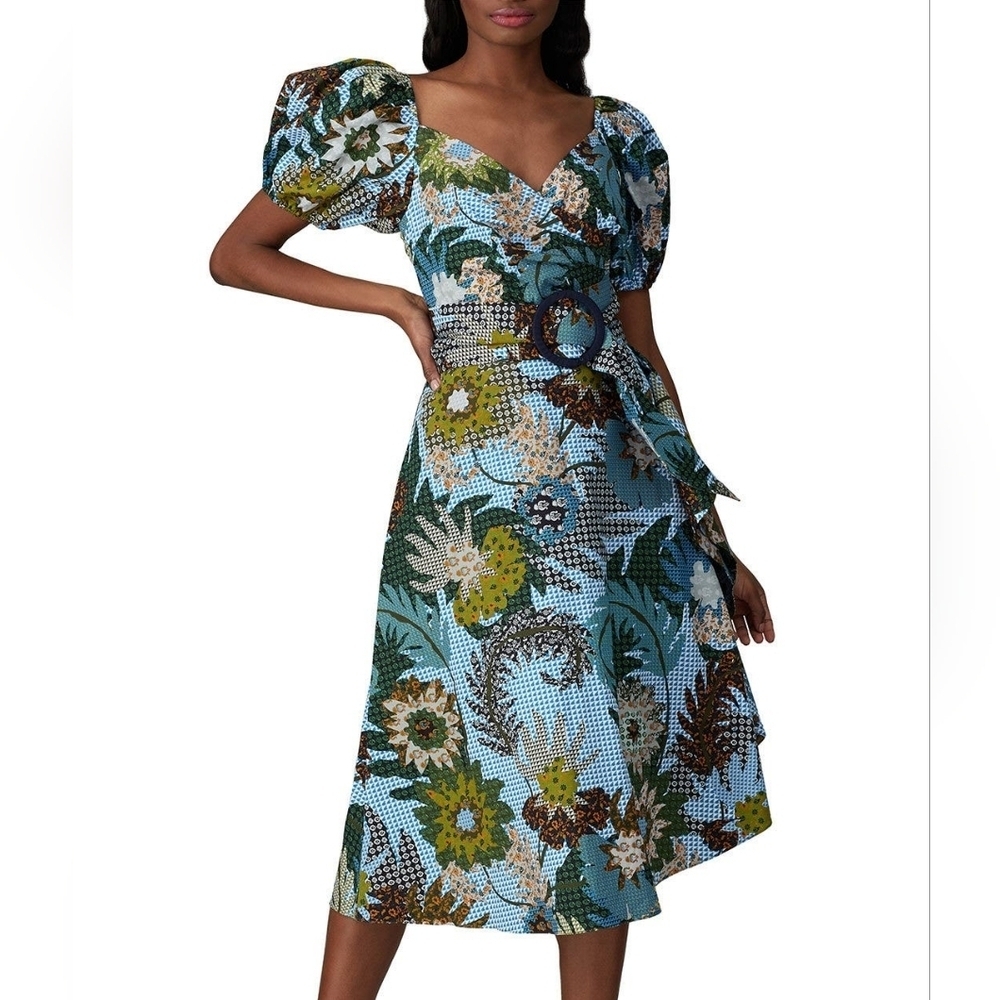 Sachin & Babi Floral Liv Assymetrycal Midi Dress Puff Sleeves Size XS Women's